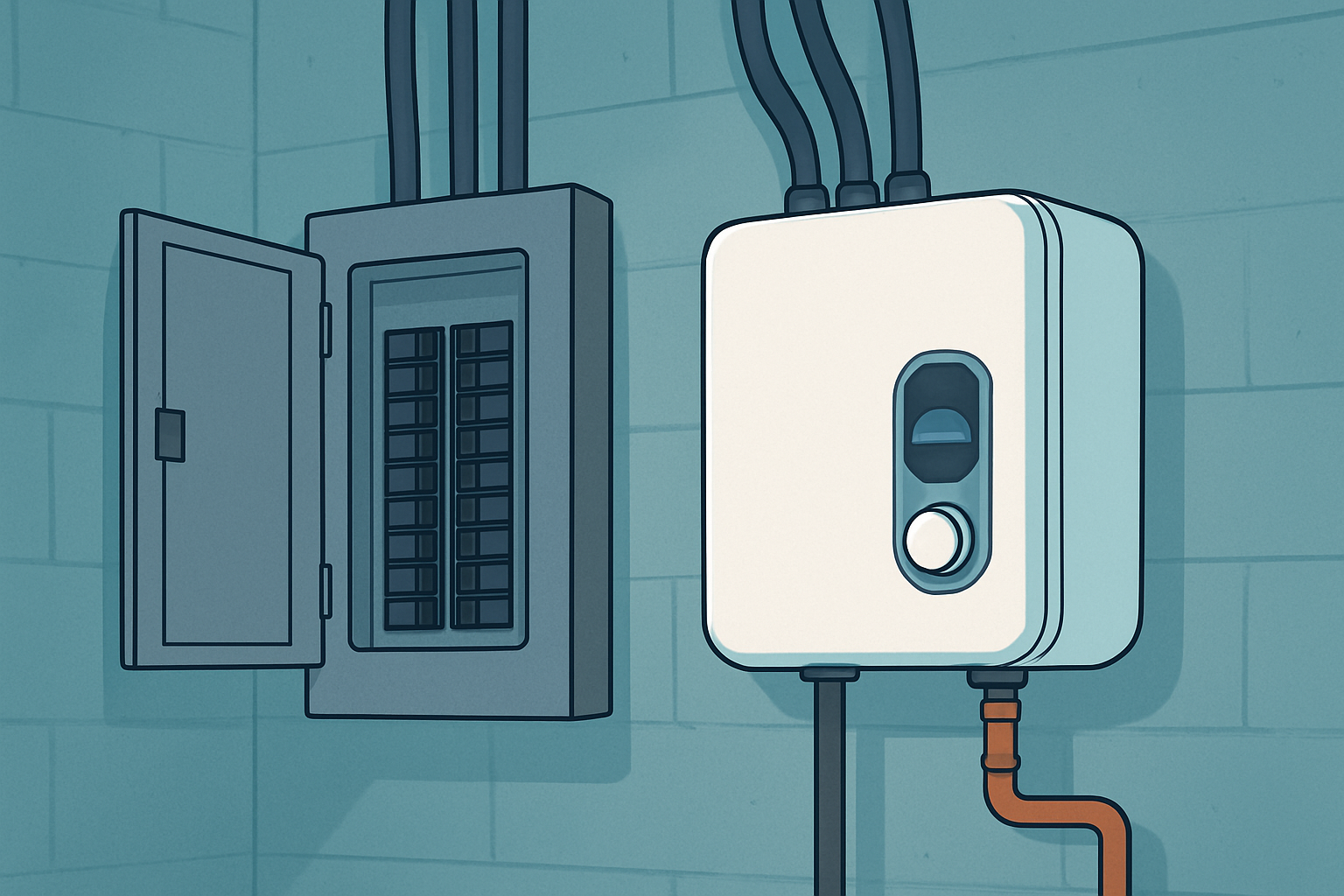 Electric tankless water heater mounted next to a residential electrical service panel with conduit running between them
