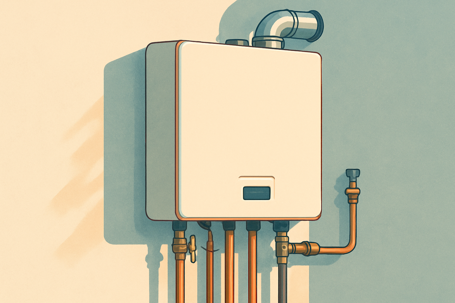 Modern gas tankless water heater installed in a residential utility space in 2026