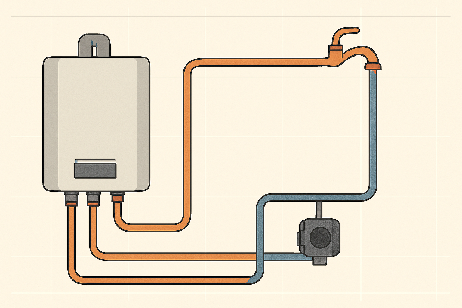 Diagram of a hot-water recirculation loop with a wall-mounted tankless heater and integrated pump